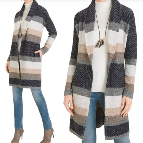 Chico’s 1P, M Open Front Cardigan | Striped Knit, Neutral Fall, Cozy Shawl NWOT - Picture 2 of 11